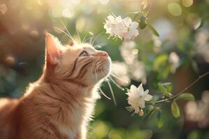 Cat pet on a sunny day in nature against a background of flowers photo