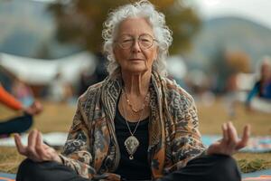 Old lady doing active lifestyle yoga for health and mental balance photo