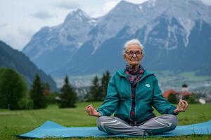 Old lady doing active lifestyle yoga for health and mental balance photo