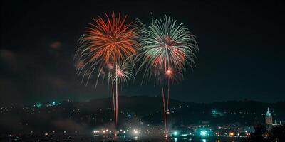 festivo fuegos artificiales en el noche cielo a un celebracion evento en honor de un aniversario o nuevo año foto