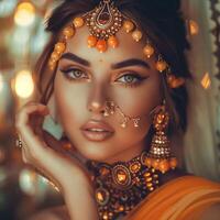 An Eastern girl with captivating eyes in traditional oriental attire photo