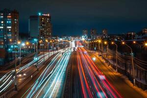 Streaks of moving car lights against the backdrop of city lights at night photo