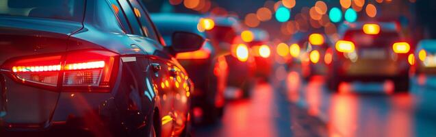 Background screensaver of blurry headlights of cars in the city photo