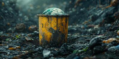 Earth lying amidst garbage, depicting environmental destruction by humans photo