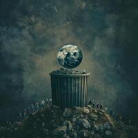 Earth lying amidst garbage, depicting environmental destruction by humans photo