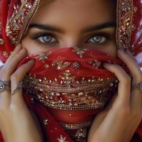 An Eastern girl with captivating eyes in traditional oriental attire photo