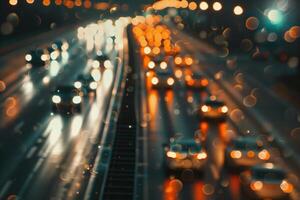 Background screensaver of blurry headlights of cars in the city photo