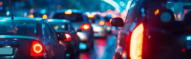 Background screensaver of blurry headlights of cars in the city photo