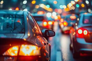 Background screensaver of blurry headlights of cars in the city photo