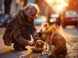 Elderly women providing nourishment to stray cats, illustrating empathy and companionship amidst solitude photo