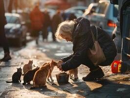 Elderly women providing nourishment to stray cats, illustrating empathy and companionship amidst solitude photo