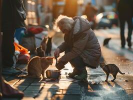 mayor mujer Proporcionar alimento a extraviado gatos, ilustrando empatía y compañerismo en medio de soledad foto