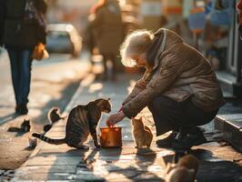 mayor mujer Proporcionar alimento a extraviado gatos, ilustrando empatía y compañerismo en medio de soledad foto