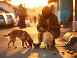 Elderly women providing nourishment to stray cats, illustrating empathy and companionship amidst solitude photo