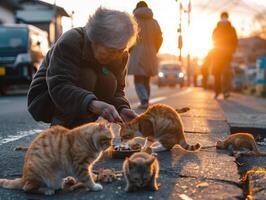 mayor mujer Proporcionar alimento a extraviado gatos, ilustrando empatía y compañerismo en medio de soledad foto