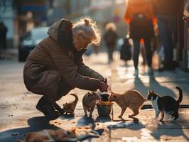 Elderly women providing nourishment to stray cats, illustrating empathy and companionship amidst solitude photo