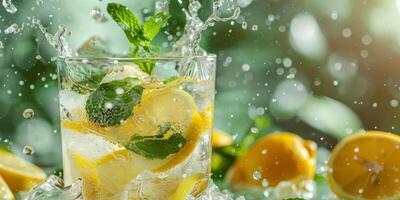 The concept of a refreshing summer with pieces of citrus fruits such as lemon, lime, decorated with fresh mint leaves and ice cubes photo