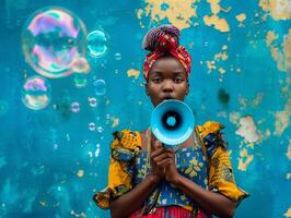 Woman with a bullhorn for news feeds and sales marketing, theme of protecting women's rights and feminism. photo