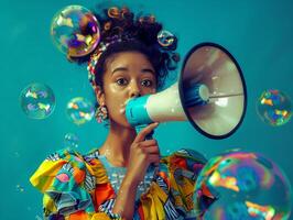 Woman with a bullhorn for news feeds and sales marketing, theme of protecting women's rights and feminism. photo