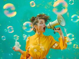 Woman with a bullhorn for news feeds and sales marketing, theme of protecting women's rights and feminism. photo