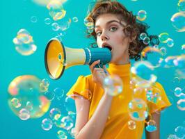 Woman with a bullhorn for news feeds and sales marketing, theme of protecting women's rights and feminism. photo