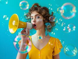 Woman with a bullhorn for news feeds and sales marketing, theme of protecting women's rights and feminism. photo