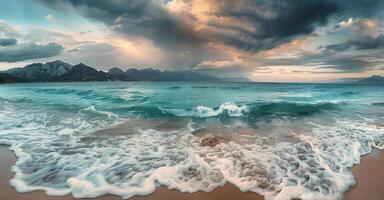 Wide-angle landscape photo featuring a seaside with crashing waves and dramatic sky