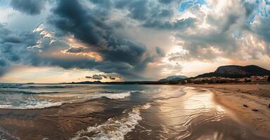 Wide-angle landscape photo featuring a seaside with crashing waves and dramatic sky