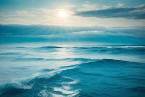 un hermosa azul Oceano con olas y nubes foto