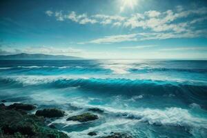 a beautiful blue ocean with waves and clouds photo