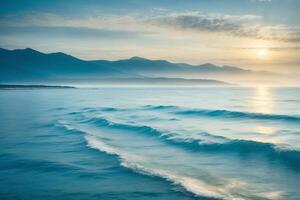 un hermosa azul Oceano con olas y nubes foto