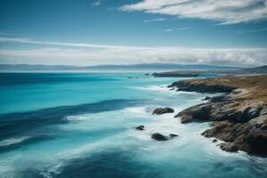 un hermosa azul Oceano con olas y nubes foto