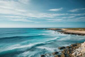 azul Oceano con montañas y nubes foto