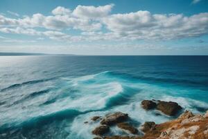 blue ocean with mountains and clouds photo