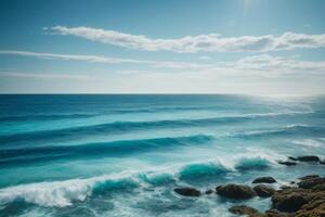 blue ocean with clouds and sun in the sky photo