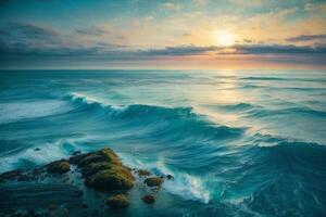 a beautiful beach with waves and blue sky photo