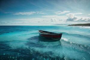 a boat in the ocean with a blue sky photo