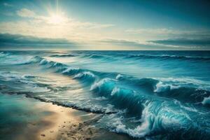 blue ocean waves and sun rays in the ocean photo