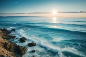 blue ocean waves and sun rays in the ocean photo