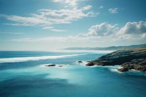 blue ocean waves and sun rays in the ocean photo