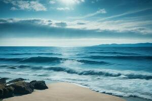 blue ocean waves and sun rays in the ocean photo