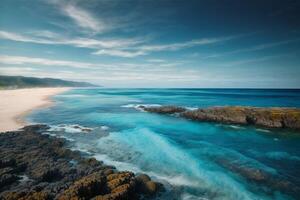 blue ocean waves and sun rays in the ocean photo