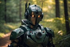 a robot standing in the middle of a forest photo