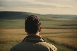 hombre en pie en un campo mirando a el cielo foto