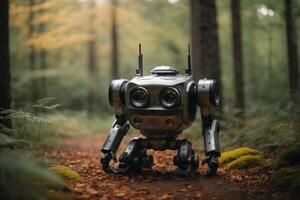 un robot en pie en el medio de un bosque foto