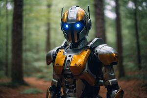 a robot standing in the middle of a forest photo