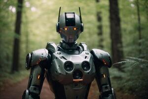 a robot standing in the middle of a forest photo