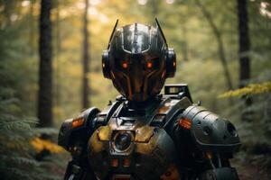 a robot standing in the middle of a forest photo