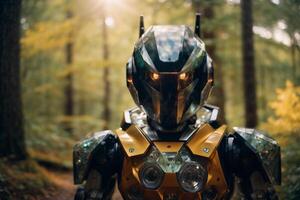 a robot standing in the middle of a forest photo