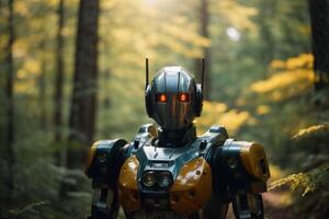 a robot standing in the middle of a forest photo